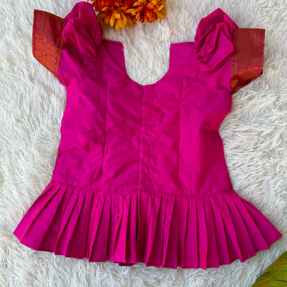 Charming Ensemble: Green Kora Silk Skirt, Pink Aari Work Peplum Top