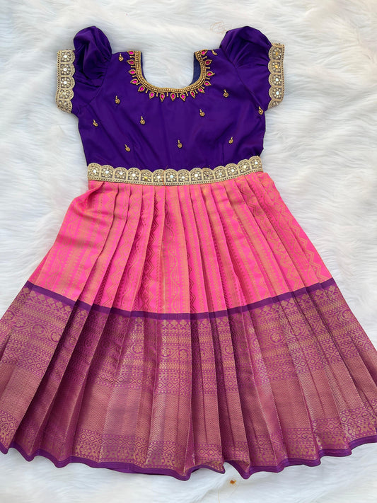 Purple and Pink Semi-Silk Frock with Aari Work