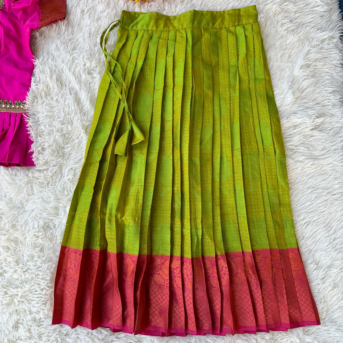 Charming Ensemble: Green Kora Silk Skirt, Pink Aari Work Peplum Top