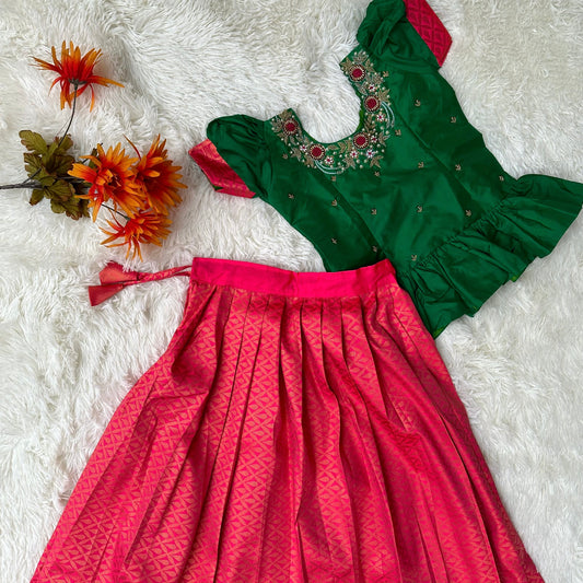 Lush Harmony: Green peplum Top with aari work and Pink semi silk Skirt