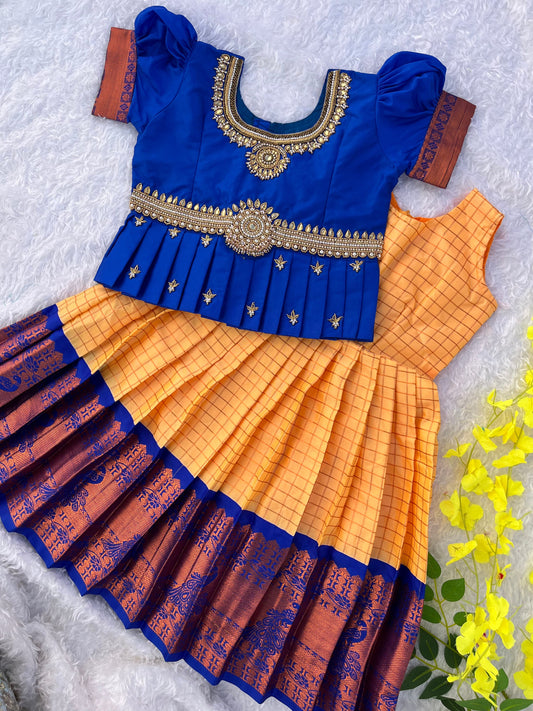 PRE ORDER : Kids Lehenga with Aari Work- Royal Blue Yellow or Cream Skirt
