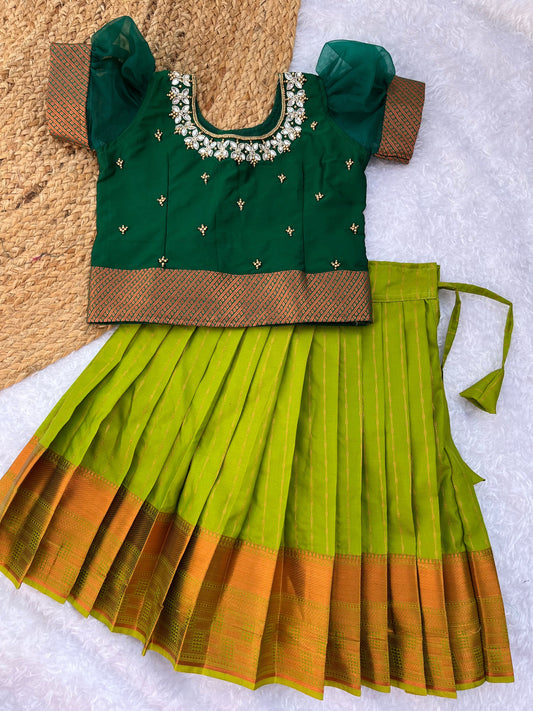 PRE ORDER : Traditional Green and Gold Silk Lehenga Choli for Girls
