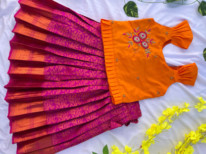 PRE ORDER : Vibrant Orange and Pink Traditional Silk Lehenga for Girls