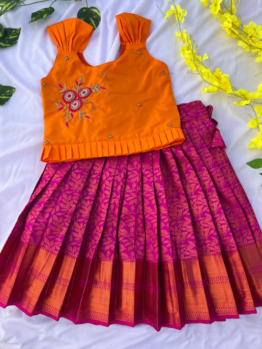 PRE ORDER : Vibrant Orange and Pink Traditional Silk Lehenga for Girls