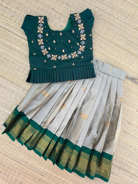 PRE ORDER : Feminine Chic: Grey Skirt and Dark Green Top Set with Intricate Aari Work