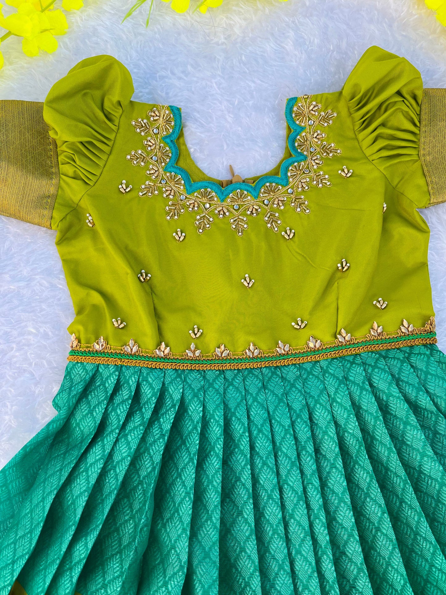 PRE ORDER : Royal Playtime: Elegant Turquoise Pleated Frock for Children