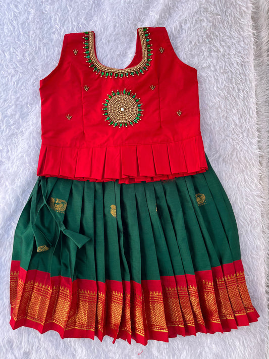 PRE ORDER : Vibrant Red and Green Pattu Pavadai Set for Kids