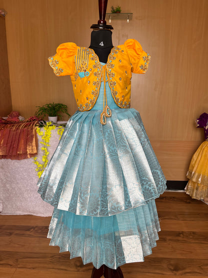 PRE ORDER : Vibrant Yellow Lehenga with Teal Blue Skirt : Premium