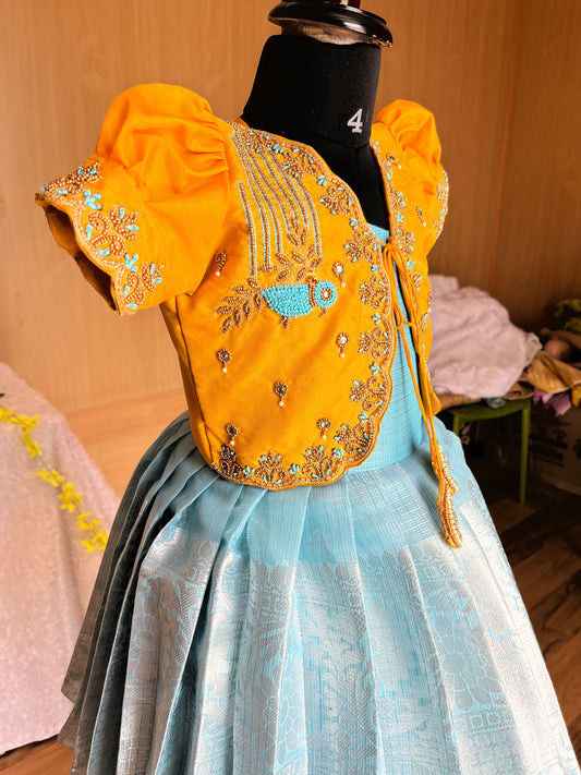 PRE ORDER : Vibrant Yellow Lehenga with Teal Blue Skirt : Premium