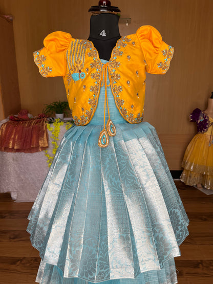 PRE ORDER : Vibrant Yellow Lehenga with Teal Blue Skirt : Premium