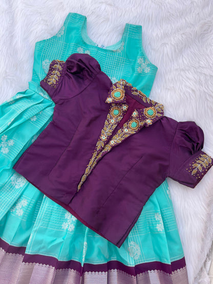 Grand Kanchi Silk Aari work frock with collar pattern for Pongal