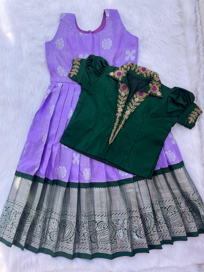 Grand Kanchi Silk Aari work frock with collar pattern for Pongal