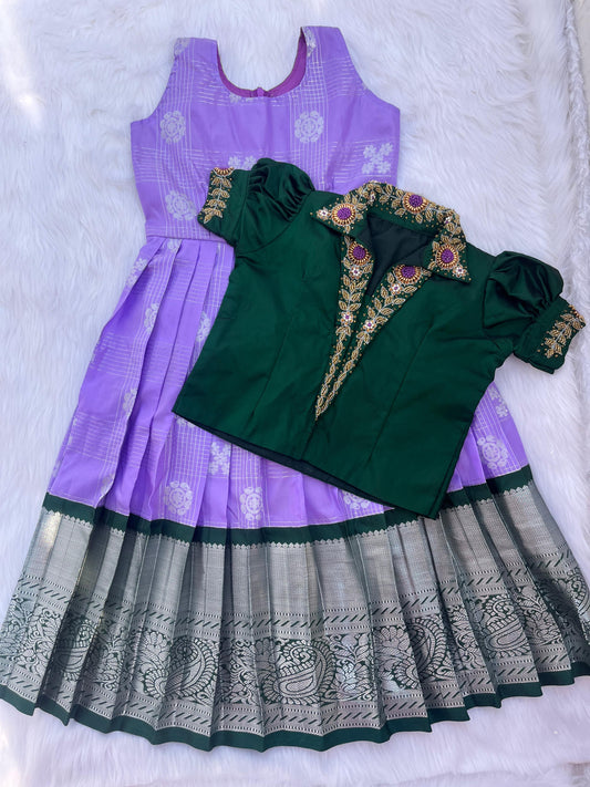 Grand Kanchi Silk Aari work frock with collar pattern for Pongal