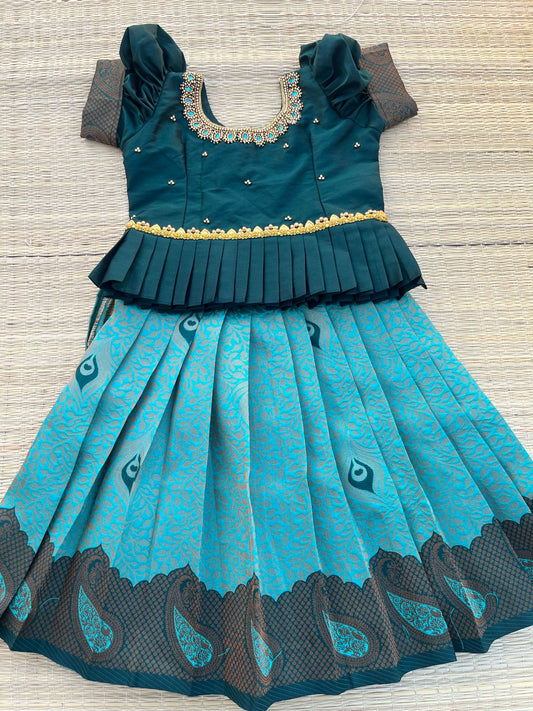 PRE ORDER : Limited Edition -Teal Kubera Silk Skirt & Dark Green Cotton Silk Top