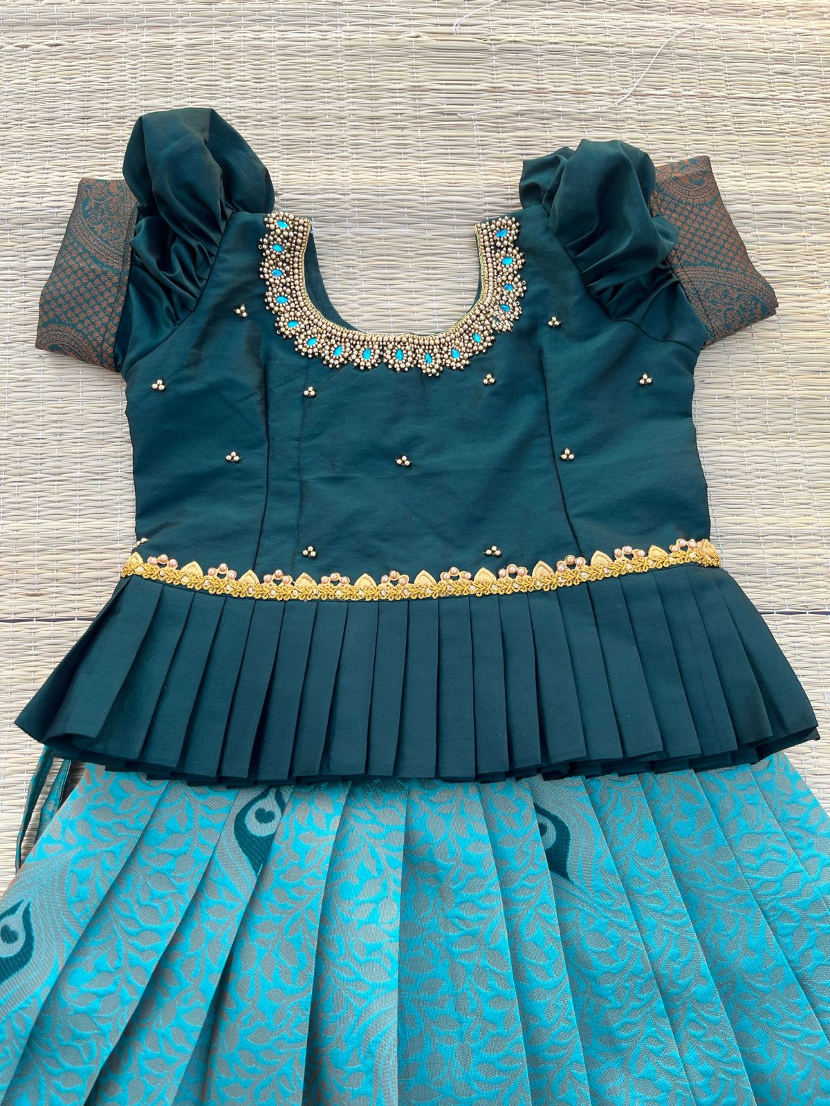 PRE ORDER : Limited Edition -Teal Kubera Silk Skirt & Dark Green Cotton Silk Top