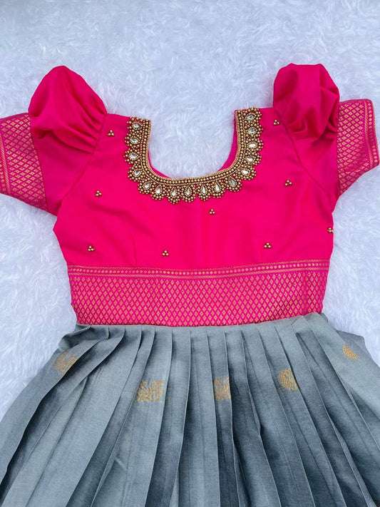 Gray Bottom and Pink Top Frock: Exquisite Aari Detailing