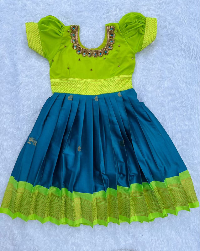 Parrot Green and Prussian Blue Frock: Intricate Aari Work Neckline