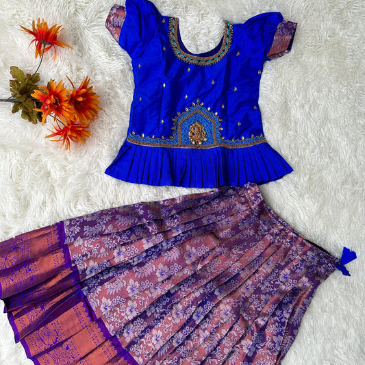 Little Royalty: Royal Blue peplum Top with semi silk Copper Zari Skirt