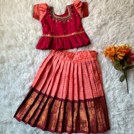 Chic Harmony: Peach Checked Skirt with Maroon Aari Work Peplum Top