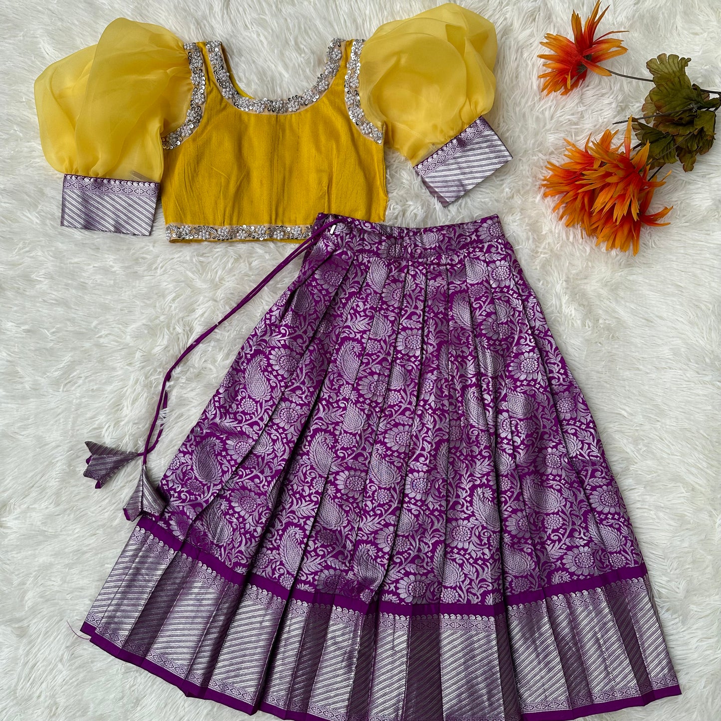 Regal Semi Silk Duo: Purple Skirt & Yellow Balloon Sleeve Top