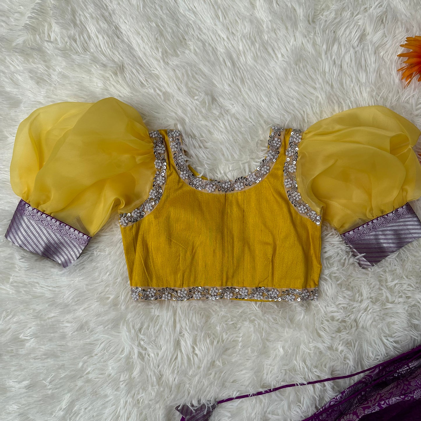 Regal Semi Silk Duo: Purple Skirt & Yellow Balloon Sleeve Top