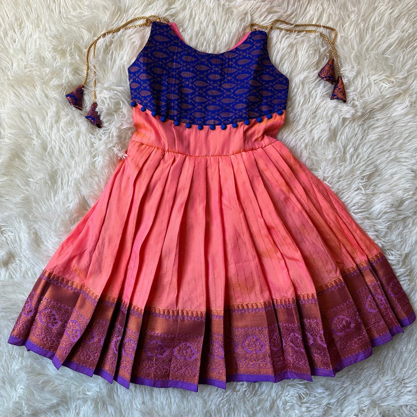 PRE ORDER : Peach Splendor: Royal Blue and Peach Semi-Silk Frock