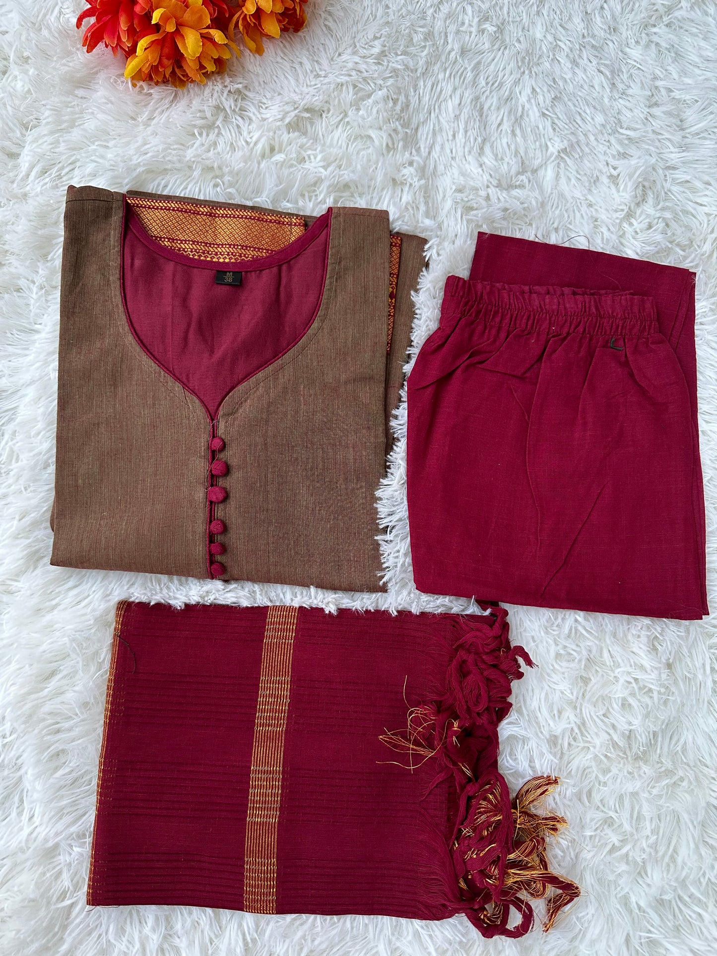 Golden Elegance: Beige & Maroon Handloom Kurta Set