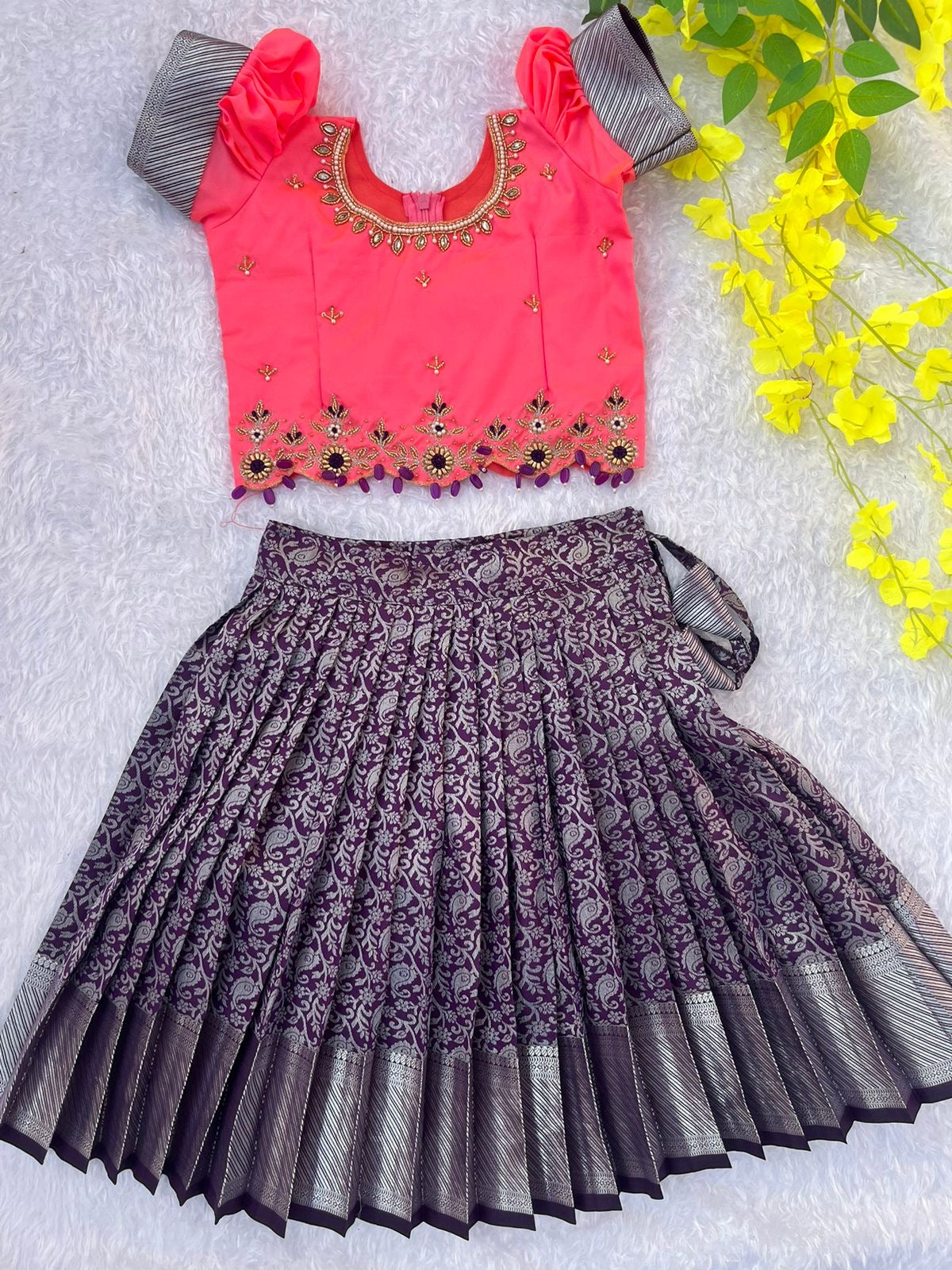 Golden Pink Crop Top with Purple Patterned Skirt