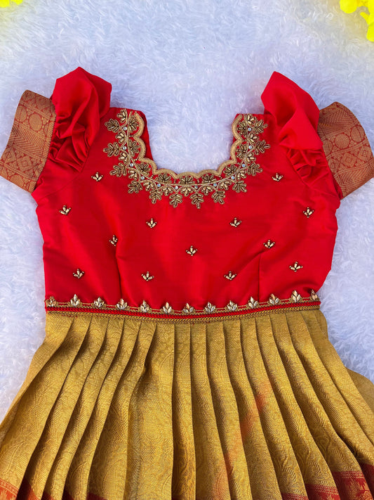 Ceremonial Charm: Kids’ Red Frock with Golden Detailing
