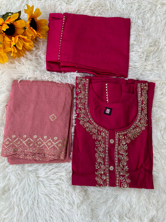 Rani Pink Dola Silk Kurta Set with Straight Pant without dupatta