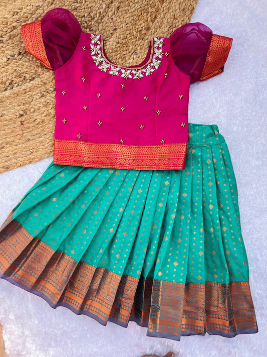 PRE ORDER : Lehenga Choli with Handmade Aari Work – Magenta and Teal Green