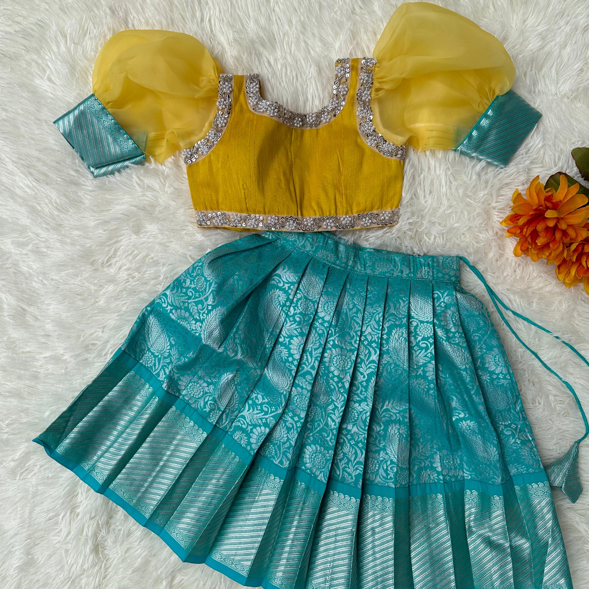 Seaside Chic: Sea Green Semi-Silk Skirt with Yellow Balloon Sleeve