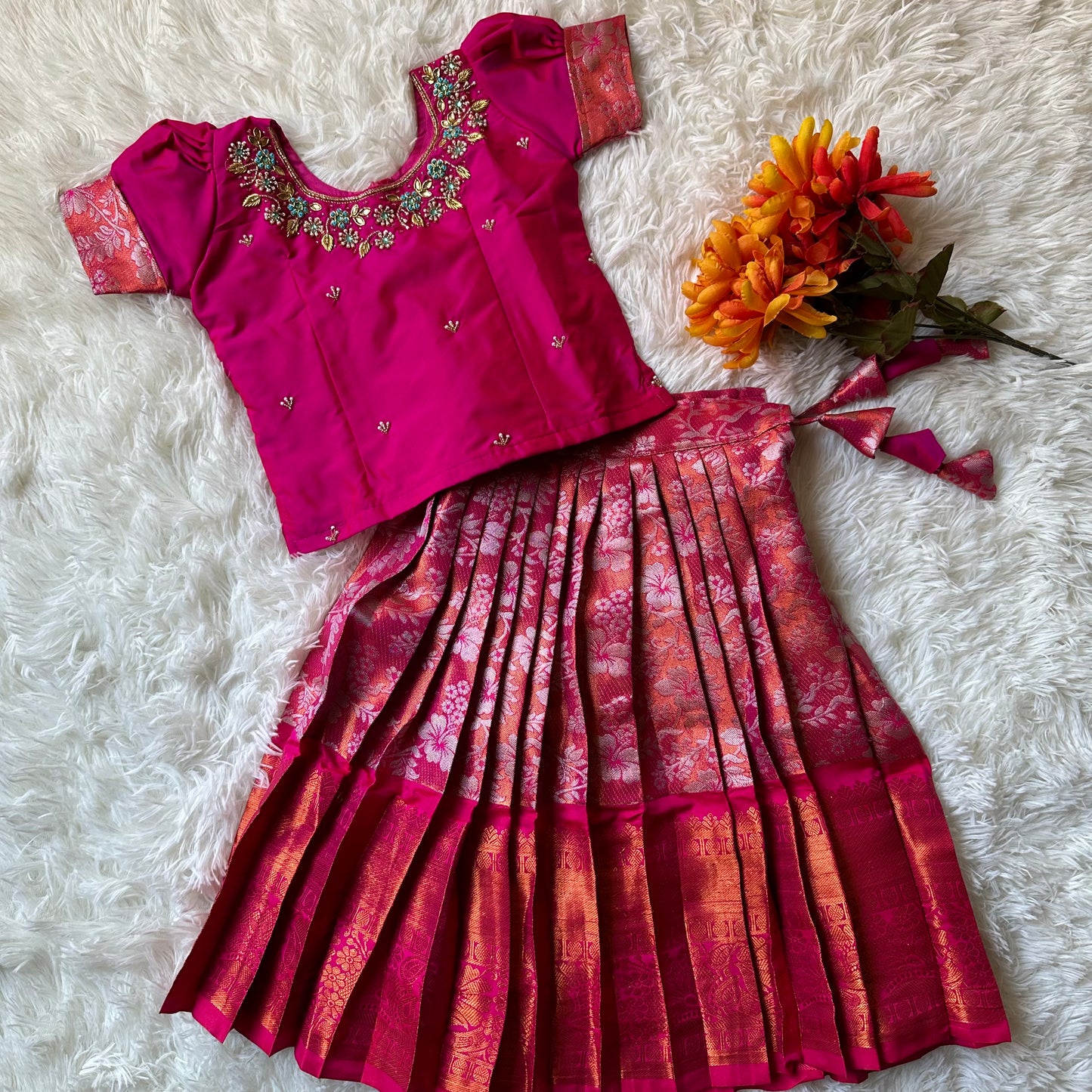 PRE ORDER - Radiant Elegance: Rani Pink Aari Work Top with Silver Zari Skirt