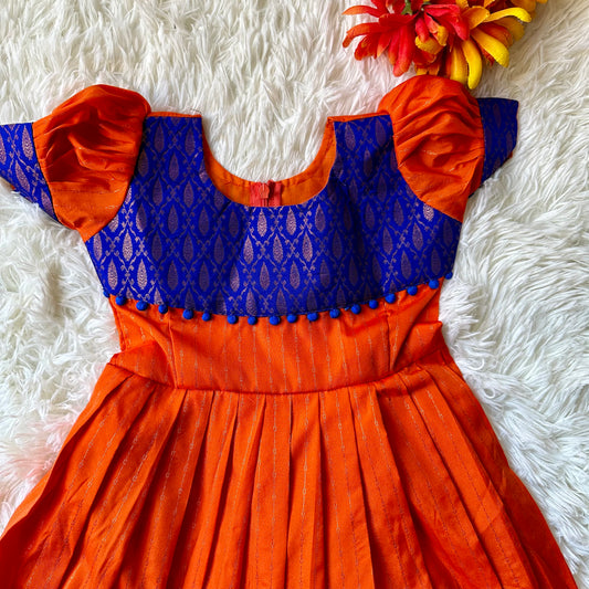 Regal Elegance: Semi Silk Orange and Royal Blue Frock with Puff Sleeves