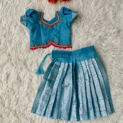 Sky Blue Glamour: Tissue Puff Sleeve Crop Top and Skirt Set