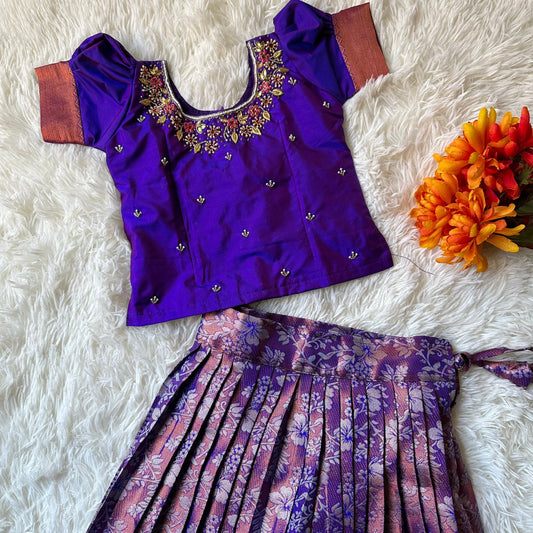 Dazzling Violet: Silver Zari Skirt and Aari Work Top in Luxurious Semi-Silk