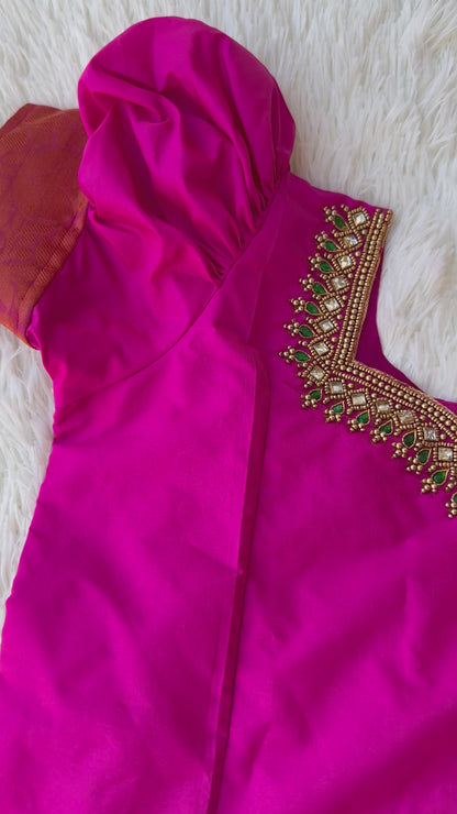 Charming Ensemble: Green Kora Silk Skirt, Pink Aari Work Peplum Top