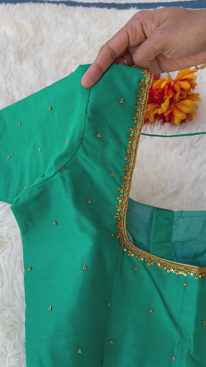 Emerald Elegance: Handcrafted Green Silk Cotton Blouse with Aari Work