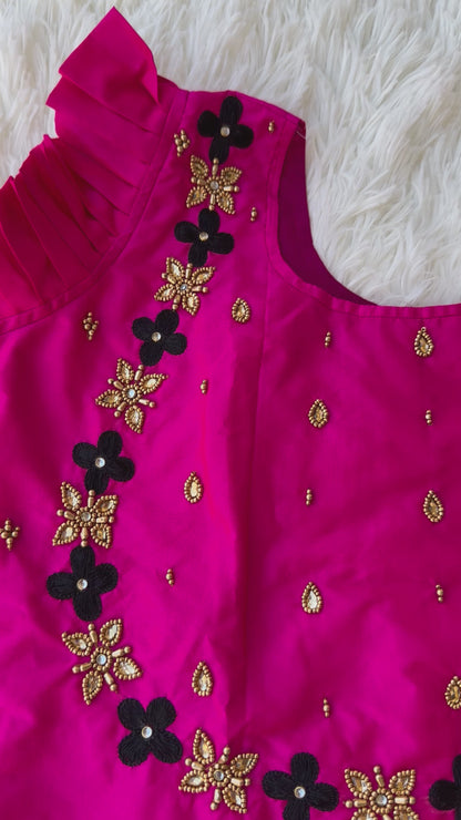 The Fusion : Pinkish Red Top With Aari Work & Sleek Black Skirt