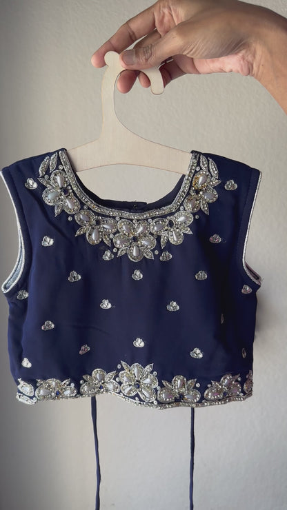 Silver 2 Tier Short Skirt with Navy Blue top with Stone Work
