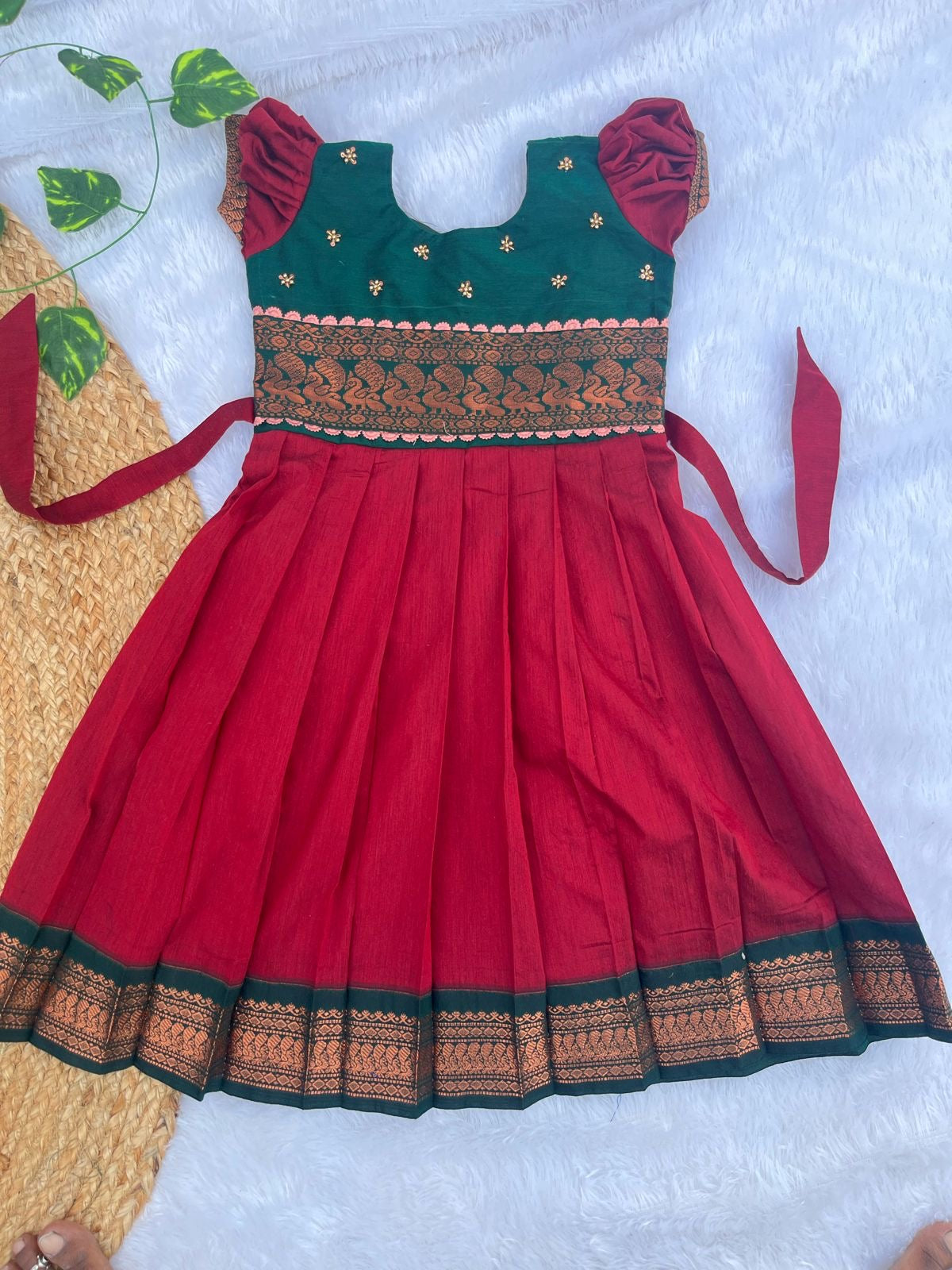 PRE ORDER : Dazzling Elegance: Maroon and Green Cotton Frock with Puff Sleeves
