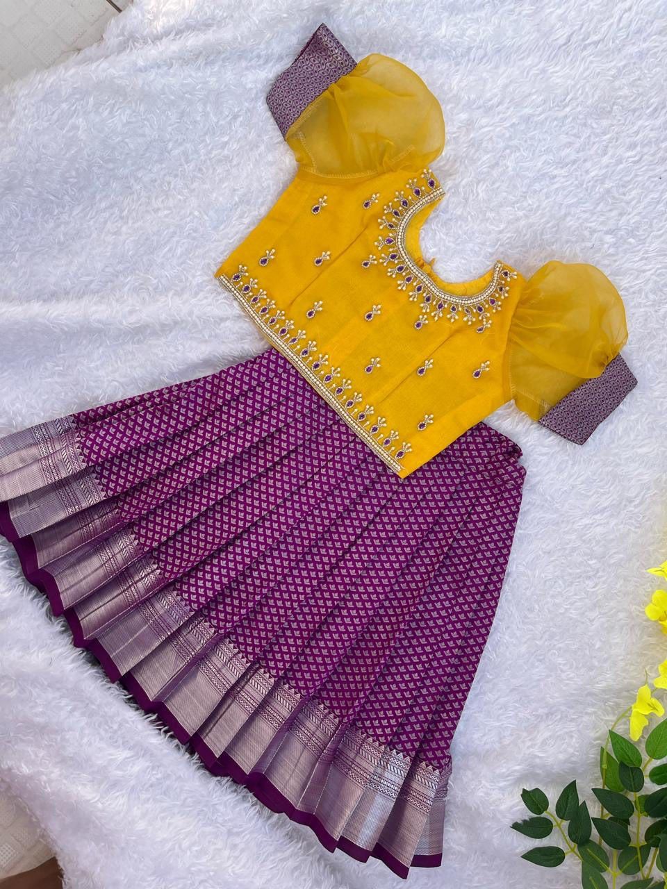 PRE ORDER : Sunshine Elegance: Aari-Yellow Top & Purple skirt