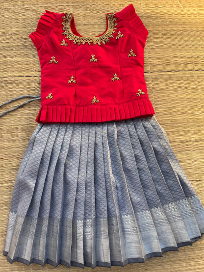 PRE ORDER - Vivid Elegance: Semi Silk Aari Top with Contrast Skirt