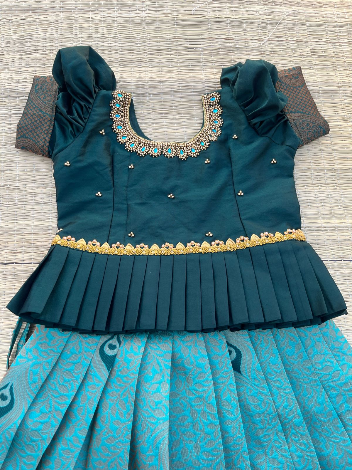 PRE ORDER - Limited Edition -Teal Kubera Silk Skirt & Dark Green Cotton Silk Top